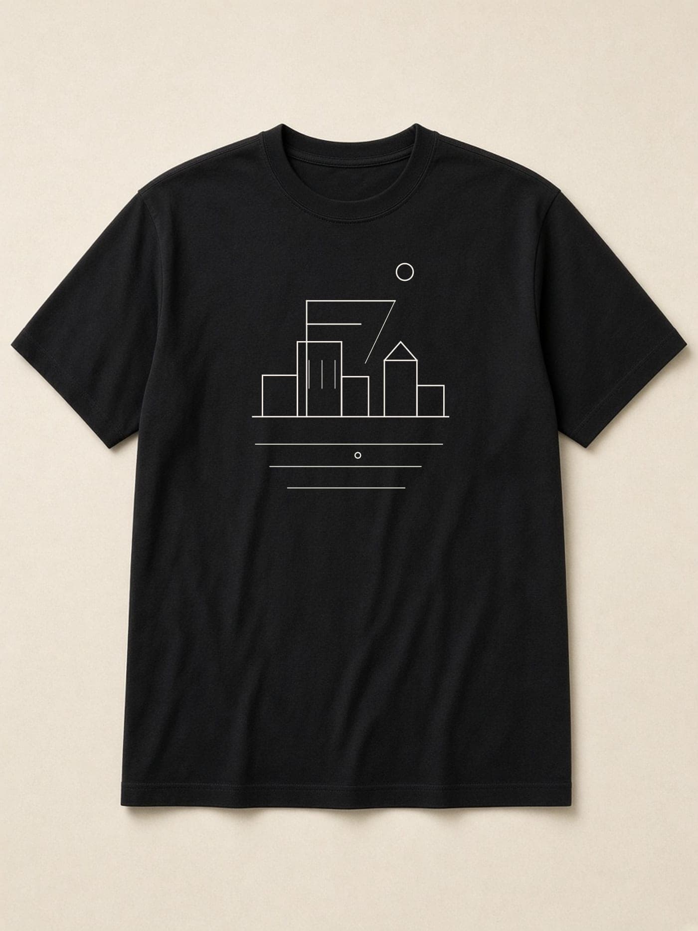 Black heavyweight tee with an off-white line drawing of sheds, a crane, and a moon.